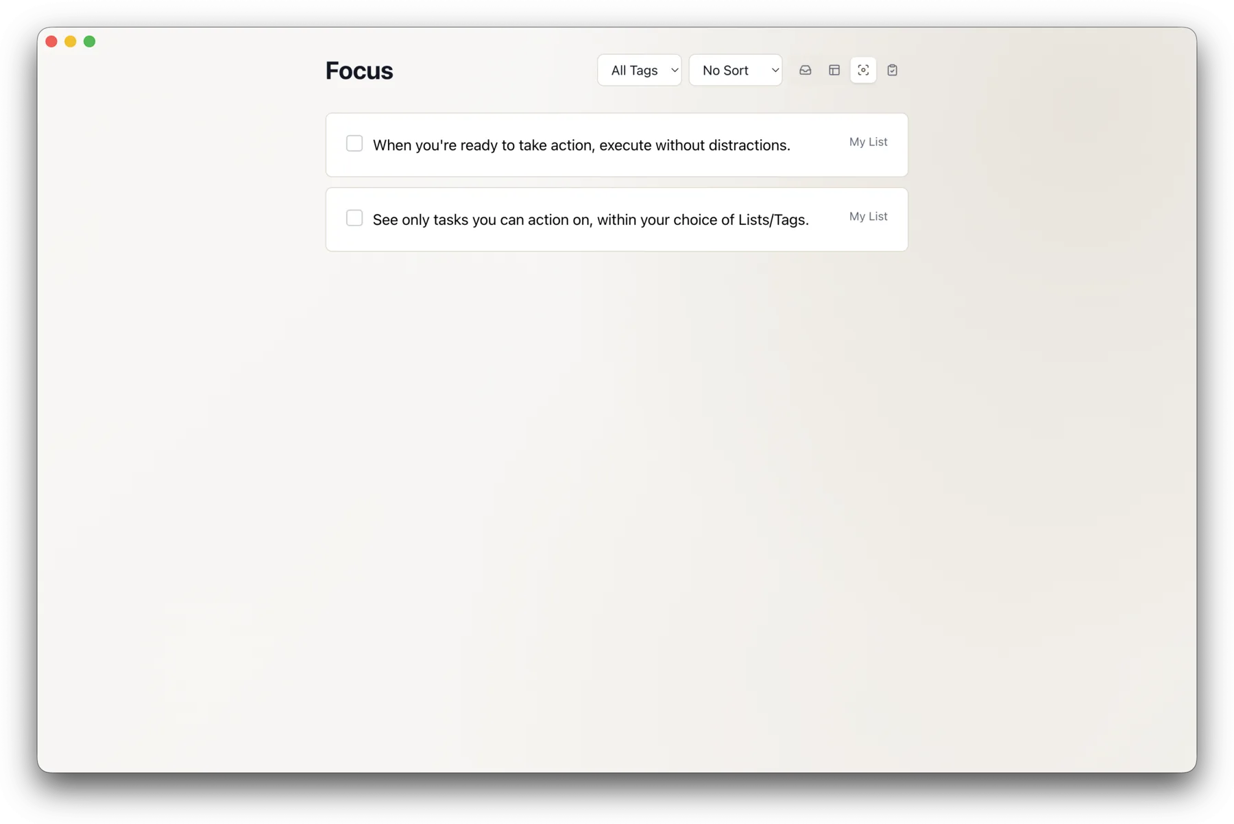 2080 Focus Mode: only the tasks you can act on right now, with no sidebar and no counts