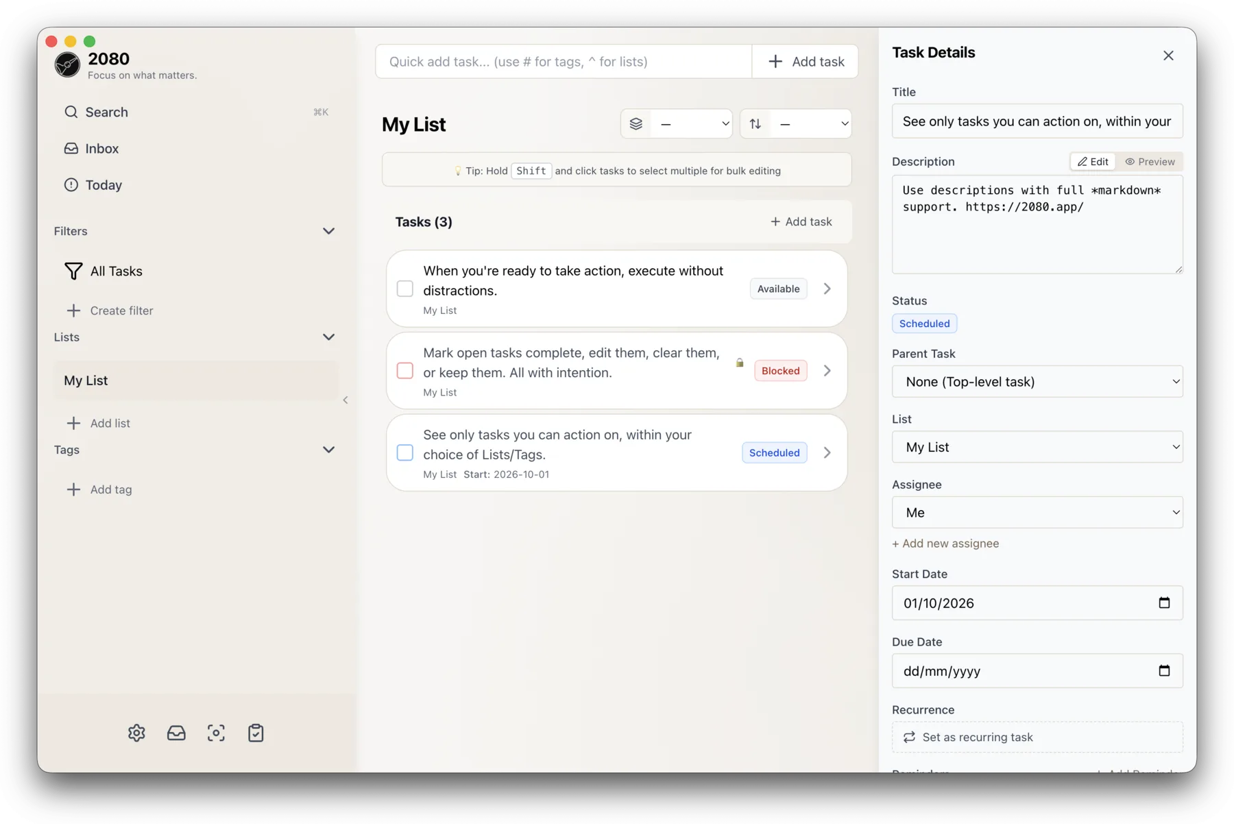 The main 2080 view: a sidebar of lists, filters, and tags beside a task list where each task is labelled Available, Blocked, or Scheduled, with a task detail panel open